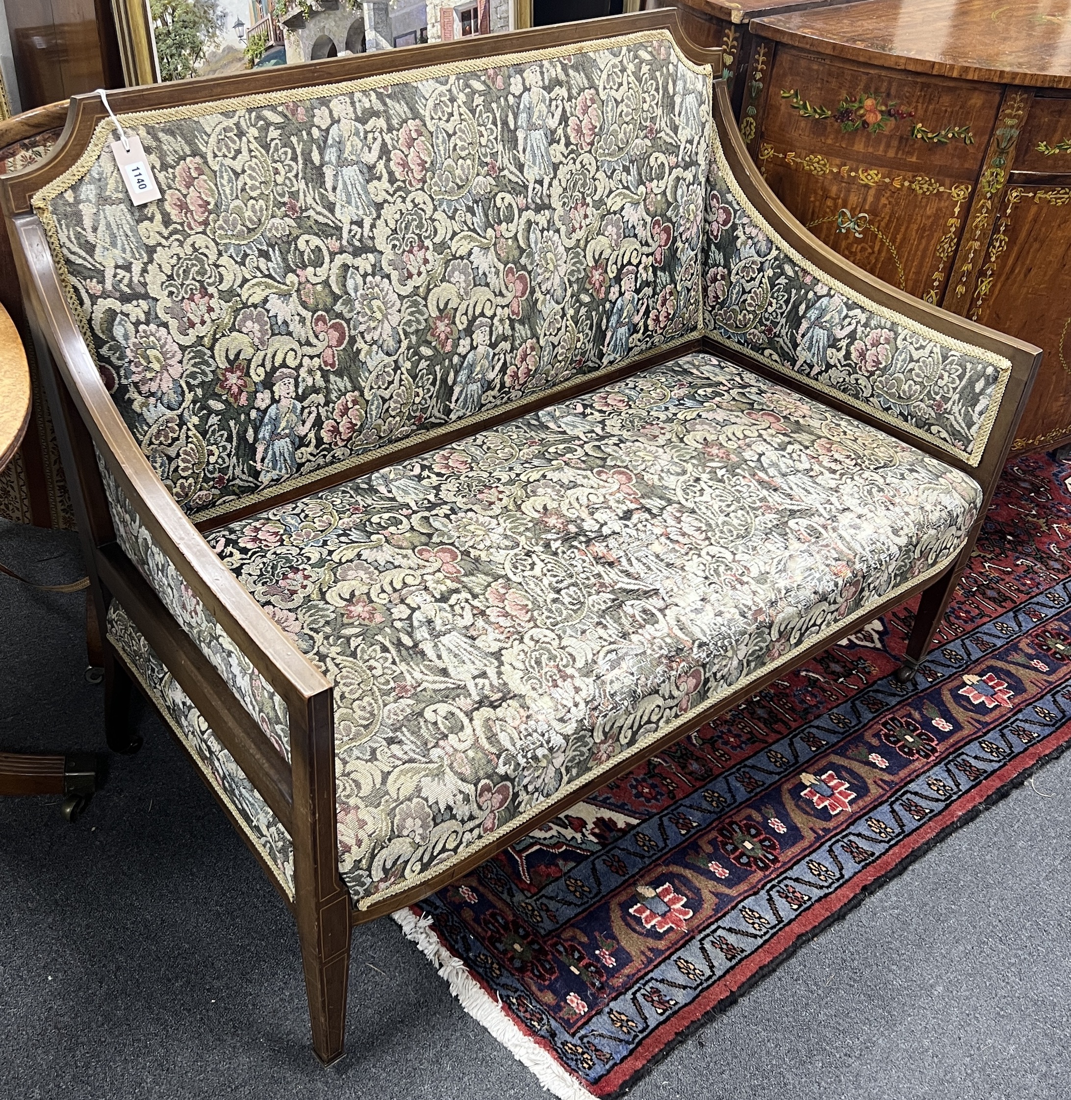 An Edwardian inlaid mahogany settee, length 117cm, depth 66cm, height 93cm